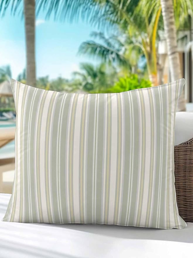 Waterproof Outdoor Pillow 1 Pack Sage Green Stripes Decorative Throw Pillows Cover & Insert 18x18 Inch Pillowcase White Lines Lines Square Pillows for Couch Sofa Bed Patio Furniture Indoor Outdoor