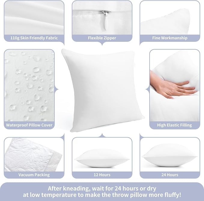 20 x 20 Outdoor Pillow Inserts Large Throw Pillow Inserts Pack of 2 Water Resistant Patio Furniture Pillows Decorative Porch Couch Pillows Premium Square Sofa Pillow, White