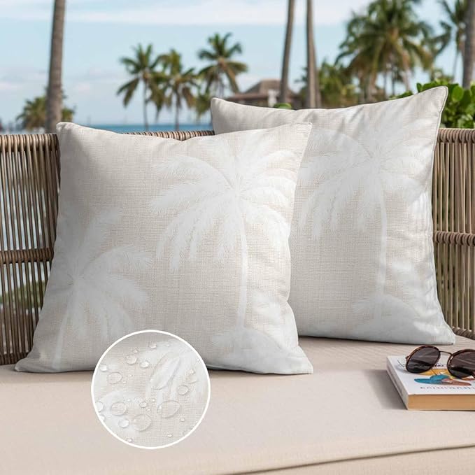 Outdoor Pillow Covers 20x20 Inch Set of 2, Cream Palm Trees Waterproof Throw Pillow Covers, Farmhouse Tropical Summer Beach Decorative Cushion Pillowcases for Couch, Sofa, Bed, Garden, Patio