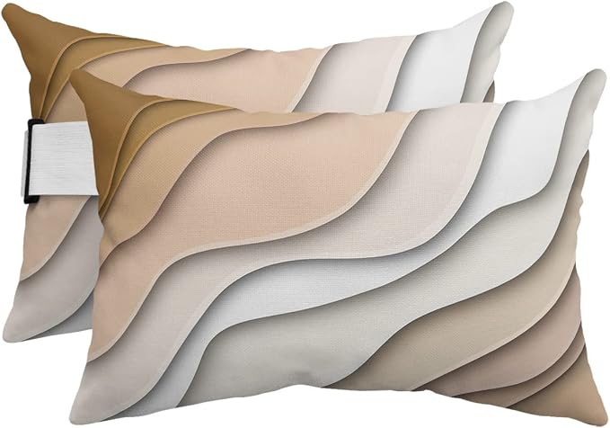Geometric Ombre Lounge Pillows Outdoor, Aesthetic Beige Brown White Gradient Abstract Head Pillows, Modern Waterproof Patio Furniture Lumbar Pillows with Adjustable Elastic Strap for Recliner Beach
