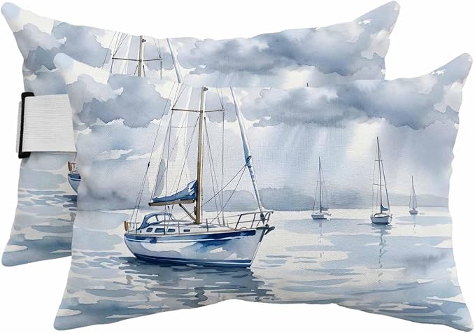 Outdoor Lumbar Pillow Set of 2, Nautical Sailboat Waterproof Beach Headrest Pillow with Inserts, Blue Grey Watercolor Coastal Waves Cloud Recliner Throw Pillows for Patio Furniture, 11 x 16