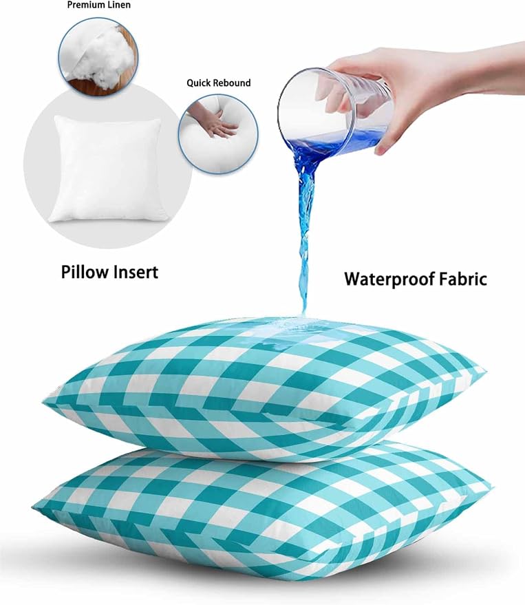 Waterproof Outdoor Pillow Set of 2 Turquoise Buffalo Plaid Decorative Throw Pillows Cover & Insert 16x16 Inch Pillowcase Check Lines Square Pillows for Couch Sofa Bed Patio Furniture Indoor Outdoor