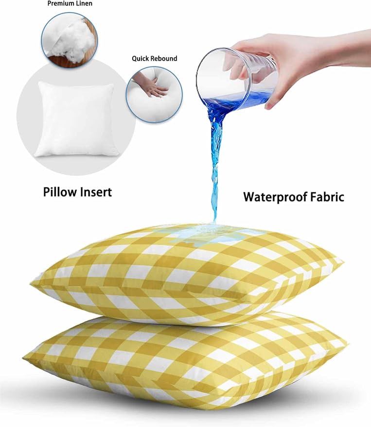 Waterproof Outdoor Pillow 1 Pack Yellow Buffalo Plaid Decorative Throw Pillows Cover & Insert 18x18 Inch Pillowcase Check Lines Square Pillows for Couch Sofa Bed Patio Furniture Indoor Outdoor