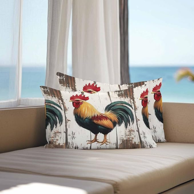 Vintage Rooster Outdoor Waterproof Throw Pillow Covers 20x12 Set of 2, Retro Farmhouse Rooster Watercolor Decorative Pillowcases Cushion Pillowcase for Couch Sofa Patio Outside Pillow Protector