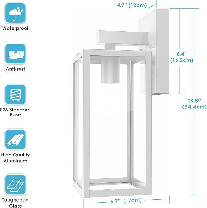 MAXvolador Outdoor Wall Sconce, Large Exterior Waterproof Wall Lantern Light Fixture, White Porch Lights Glass, Anti-Rust E26 Patio Lighting, 2 Pack | Large White Porch Wall Lights, Anti-Rust, E26 Socket, Clear Glass Outside Wall Mount Sconces, Front D...