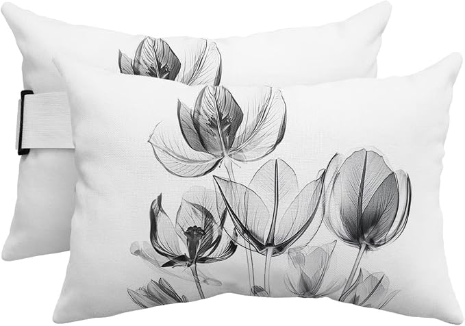 Outdoor Pillows Covers with Inserts Flower Tulips Transparent Black Floral Waterproof Recliner Pillow with Adjustable Strap Throw Pillows for Patio Furniture Pool Lounge Chair, 11x16 inch, 2PCS