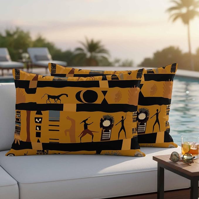 Outdoor Pillow Covers Waterproof, African Ethnic Decorative Rectangle Throw Pillowcases Patio Cushion Covers for Tent/Garden, 20" x 12" 2 Pack, Vintage Ethnic Tribes Richness Brown