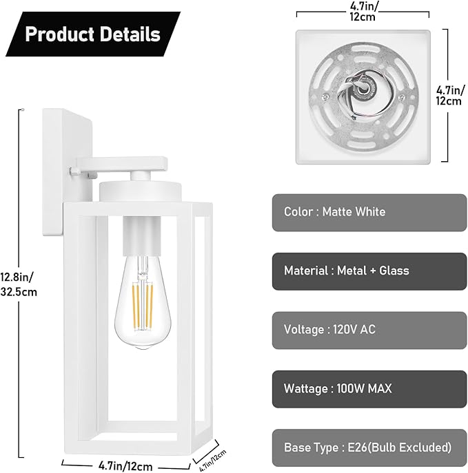 BesLowe Outdoor Wall Light Fixtures, White Exterior Wall Lanterns | Waterproof Metal Construction, Rust-resistant, Quick & Easy Installation, Clear Glass Shades & Standard E26 Socket