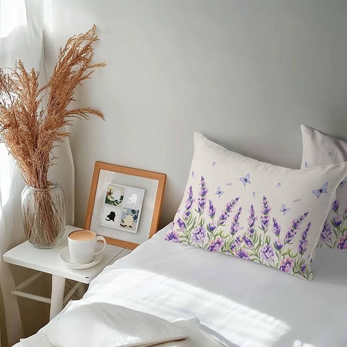 Vandarllin Outdoor Throw Pillows Covers 20x12 inch Set of 2 Waterproof Purple Lavender Flower Decorative Zippered Cushion Covers for Patio Furniture, Butterfly Floral Linen Lumbar Pillowcases