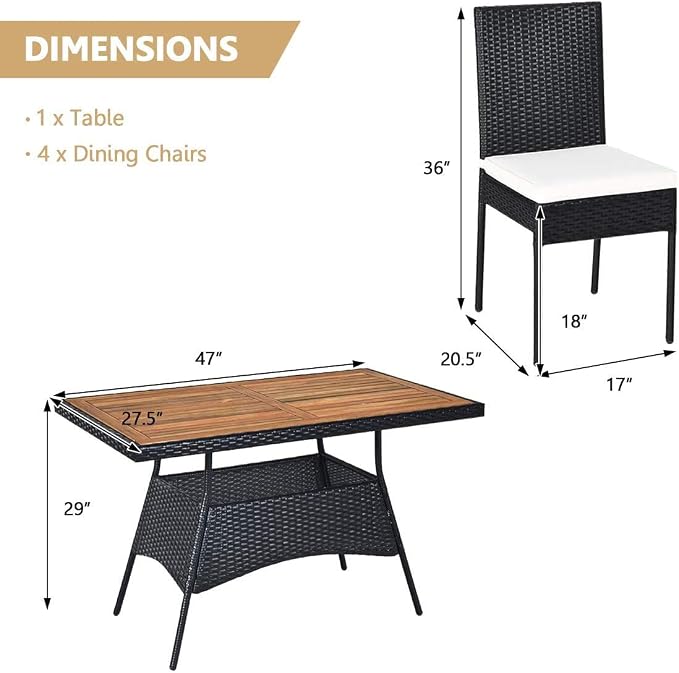 HAPPYGRILL 5-Pieces Patio Rattan Dining Set Outdoor Wicker Bistro Table Set with Acacia Wood Tabletop & Cushioned Chairs, Dining Furniture Set for Backyard Porch Dining Room Kitchen