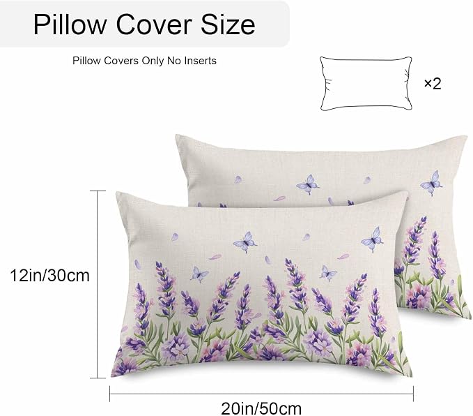 Vandarllin Outdoor Throw Pillows Covers 20x12 inch Set of 2 Waterproof Purple Lavender Flower Decorative Zippered Cushion Covers for Patio Furniture, Butterfly Floral Linen Lumbar Pillowcases