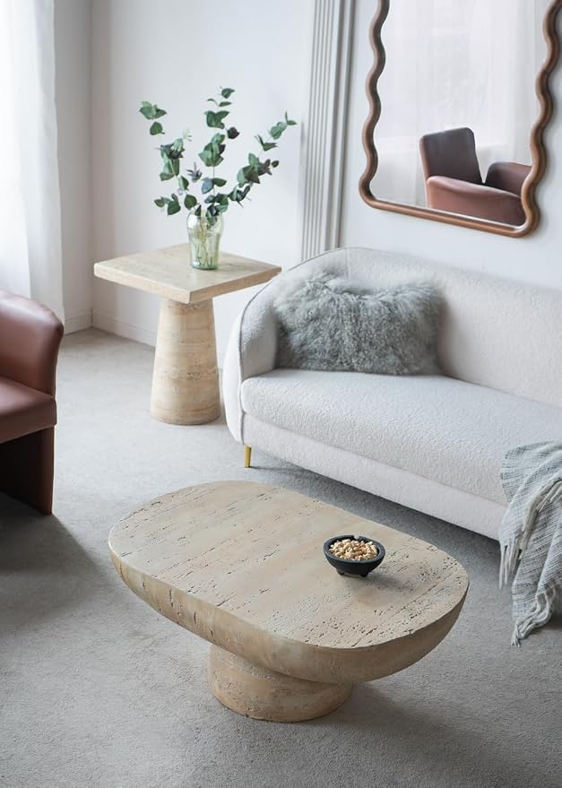 36" Faux Stone Coffee Table for Living Room Oval Coffee Table for Indoor or Outdoor, Modern Travertine Concrete Pattern Center Tables Side Tables, Magnesium Oxide, No Assembly,Cream