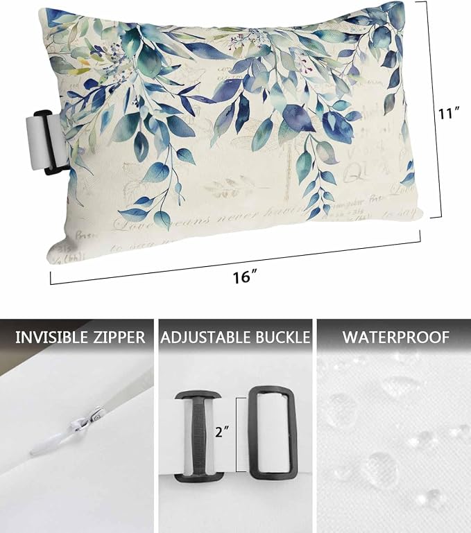 Lumbar Pillow Covers Set of 2, Blue Teal Eucalyptus Leaves Waterproof Outdoor Chaise Lounge Pillow Covers with Elastic Strap, Watercolor Vintage Botanical Headrest Pillowcase for Patio, 11 x 16