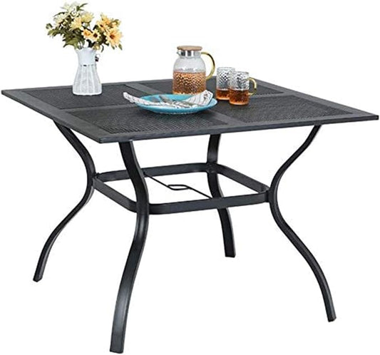MFSTUDIO 37" x 37" Square Outdoor Dining Table Patio Bistro Table Powder-Coated Steel Frame Top Umbrella Stand Deck Outdoor Furniture Garden Table, Black