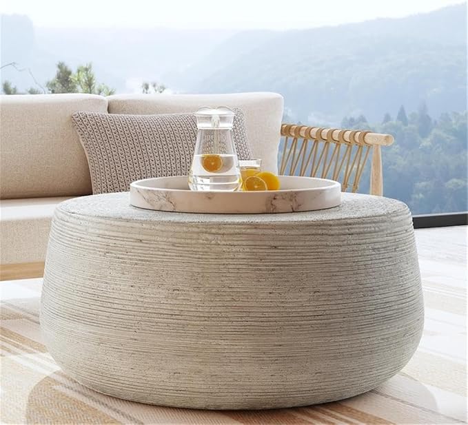 Pemberly Row Concrete Stone Outdoor Coffee Table, 37 in Wide, Rough Light Gray Finish, Fluted Texture, Hollow Drum Design, Durable Indoor/Outdoor Patio Table, Contemporary Style