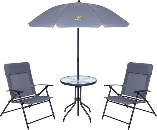 Nice C Patio Set with Umbrella, Outdoor Dinning Set, Patio Furniture Set, Patio Table Chair with Umbrella, Table and Chairs, 4-Piece Garden Furniture Set, Glass Table, 2 Folding Chairs&Umbrella (Grey)