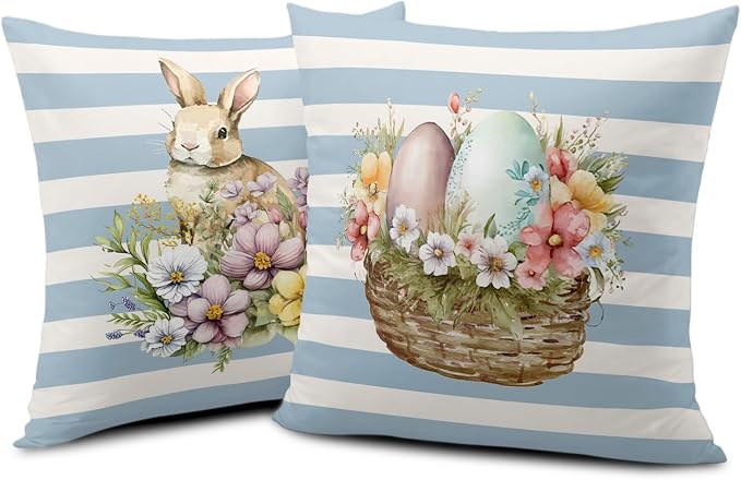Cute Bunny Easter Pillow Covers 18x18 Set of 2 Egg Rabbit Floral Decorative Throw Pillows Covers Blue and White Striped Pillow Covers Spring Home Decor for Couch Bed