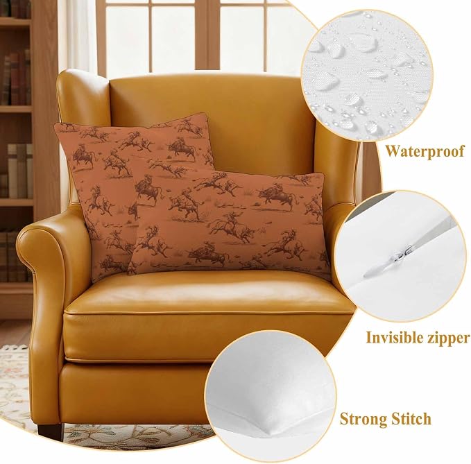 Western Cowboys Outdoor Pillow Covers Waterproof, All Weather Cushion Case Set of 2, Orange Vintage Country Nature Scenery Decorative Pillowcases for Sofa Couch Bed Decor Patio Furniture 16"x16"