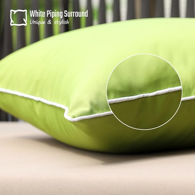 JOJOGOGO Green Outdoor Lumbar Pillow Covers 12x20 Waterproof Set of 2, Apple Green Spring Outdoor Pillows Cushion Covers 12 x 20, Decorative Pillows for Porch Patio Furniture (with White Piping)