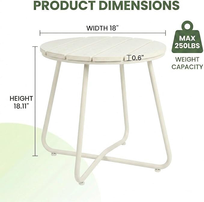 danpinera Outdoor Side Tables, HDPS Patio Table with Metal Legs, 18 Inch WhiteOutdoor Small Round Table for Garden, Backyard, Porch, Deck, Balcony, Poolside