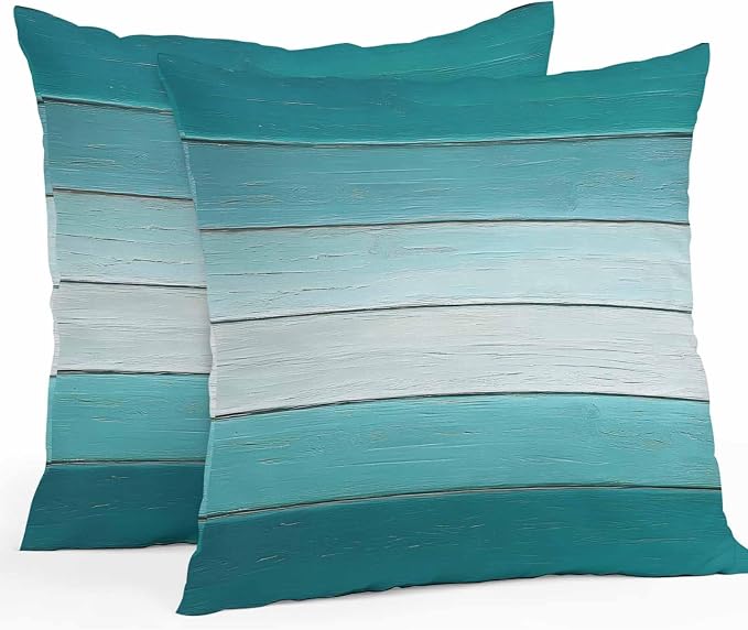 Teal Turquoise Outdoor Pillow Covers 16x16 Inch Throw Pillow Covers Set of 2 Waterproof Decorative Pillow Cases Farmhouse Abstract Gradient Wooden Plank Cushion Covers for Patio Furniture Garden Couch