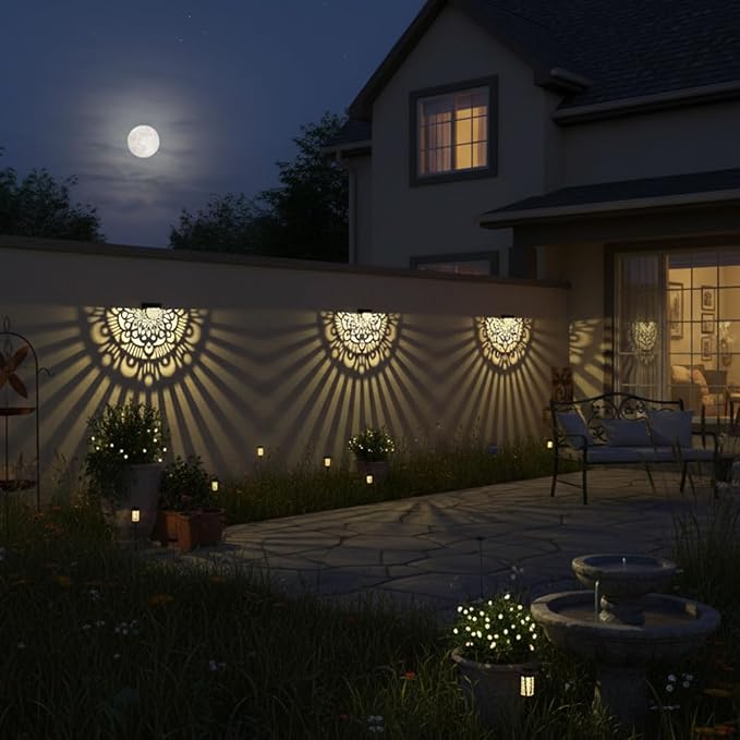 6 Pack Solar Fence Lights Outdoor Wall Lights Black Plastic Solar Powered Deck Step Stair Lights Mandala Theme Waterproof Fence Solar Light for Garden Post Patio Backyard Yard Decor