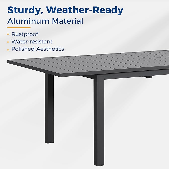 RoyalCraft Expandable Aluminum Outdoor Dining Table, 2-Adjustable Lengths Patio Dining Table for 6-10 Person, 91.33" L x 39.37" W Metal Patio Table with Adjustable Feet for Deck Garden Porch, Grey