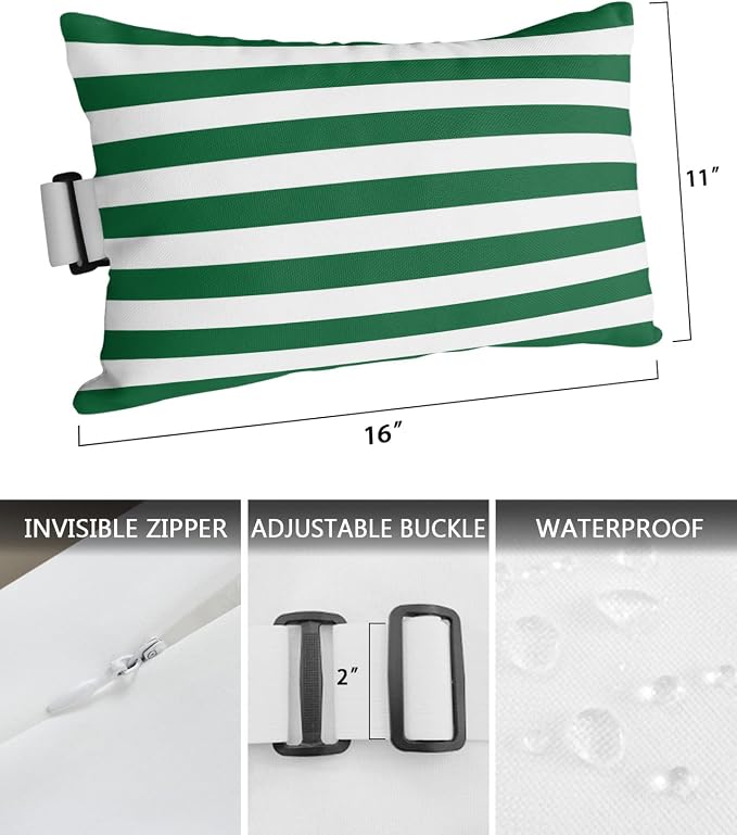 T&H XHome Outdoor Pillow for Chaise Lounge Chair, Christmas Green and White Stripe Waterproof Headrest Pillow Lumbar Pillows with Adjustable Elastic Strap for Beach, Poolside, Patio, Office (2 Pack)