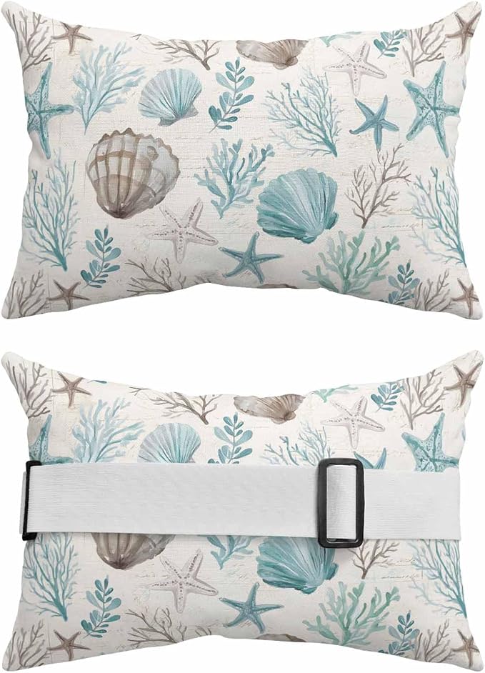 Teal Coastal Outdoor Pillows with Insert 11x16 Inch Summer Starfish Shell Coral Nautical Retro Waterproof Headrest Pillows with Adjustable Strap Lounger Chair Throw for Patio Furnitures , 2 Pack