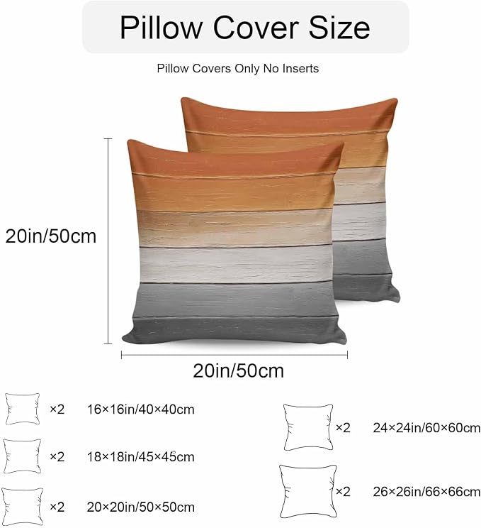 Orange Gray Outdoor Pillow Covers 16x16 Inch Throw Pillow Covers Set of 2 Waterproof Decorative Pillow Cases Farmhouse Retro Gradient Wooden Grain Cushion Covers for Patio Furniture Garden Couch Sofa