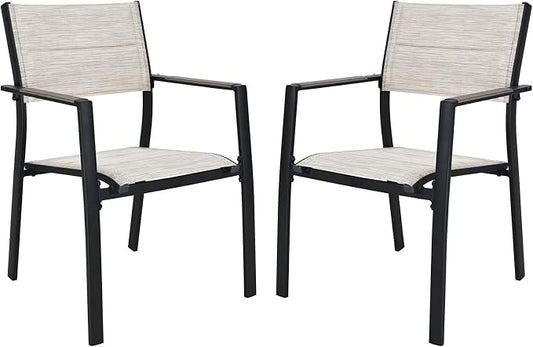 2-Piece Patio Stackable Dining Chairs, Never-Rust Aluminum Outdoor Stackable Patio Chairs, Outdoor Dining Chair Set of 2 with Double-Layer Thickened Textilene for Deck, Garden, Pool, Limed Oak