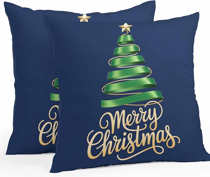 Navy Blue Christmas Tree Outdoor Pillow Covers 24 x 24 Inches, Green Xmas Tree with Star Waterproof Throw Pillow Cover Set of 2, Christmas Blue Decorative Square Cushion Covers for Patio/Couch