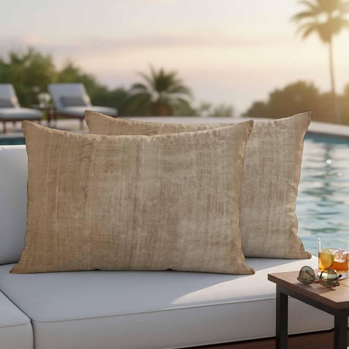 Vandarllin Outdoor Throw Pillows Covers 20x12 inch Set of 2 Waterproof Beige Linen Decorative Zippered Cushion Covers for Patio Furniture, Solid Color Texture Lumbar Pillowcases