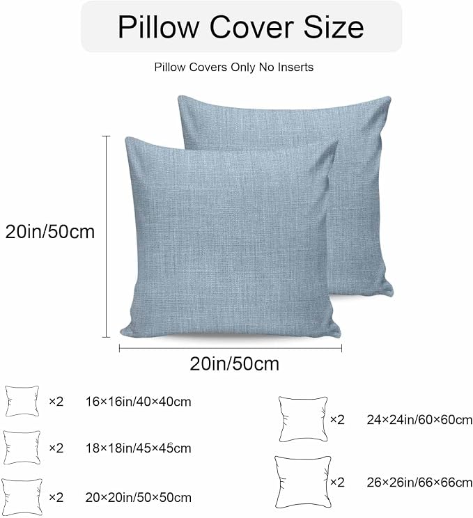 Vandarllin Outdoor Throw Pillows Covers 16x16 inch Set of 2 Waterproof Sky Blue Linen Decorative Zippered Cushion Covers for Patio Furniture, Farmhouse Pure Color Lumbar Pillowcases