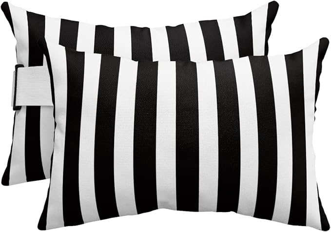 DecorLovee Black Striped Outdoor Recliner Pillows for Head, Farmhouse Waterproof Chair Pillow with Elastic Stripe, Black White Stripes Chaise Lounge Headrest Pillow for Patio/Beach/Pool 2Pack, 11"x16"