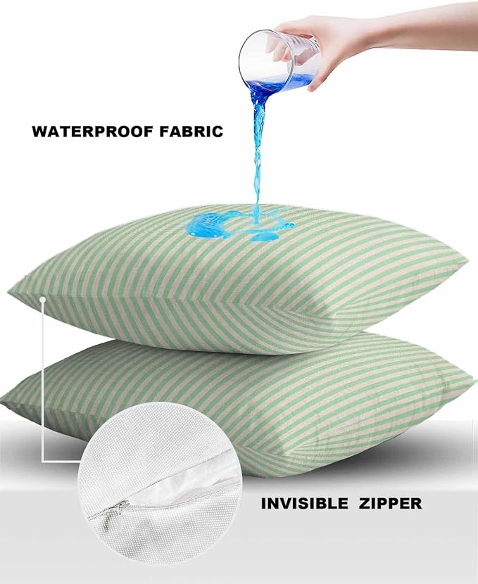 Outdoor Waterproof Throw Pillow Covers Set of 2 Green Stripes Pillowcases 26x26 Inches Linen Classic Vertical Striped Patio Decorative Pillows Cushion Case Patio Pillows for Couch Bed Chair Garden