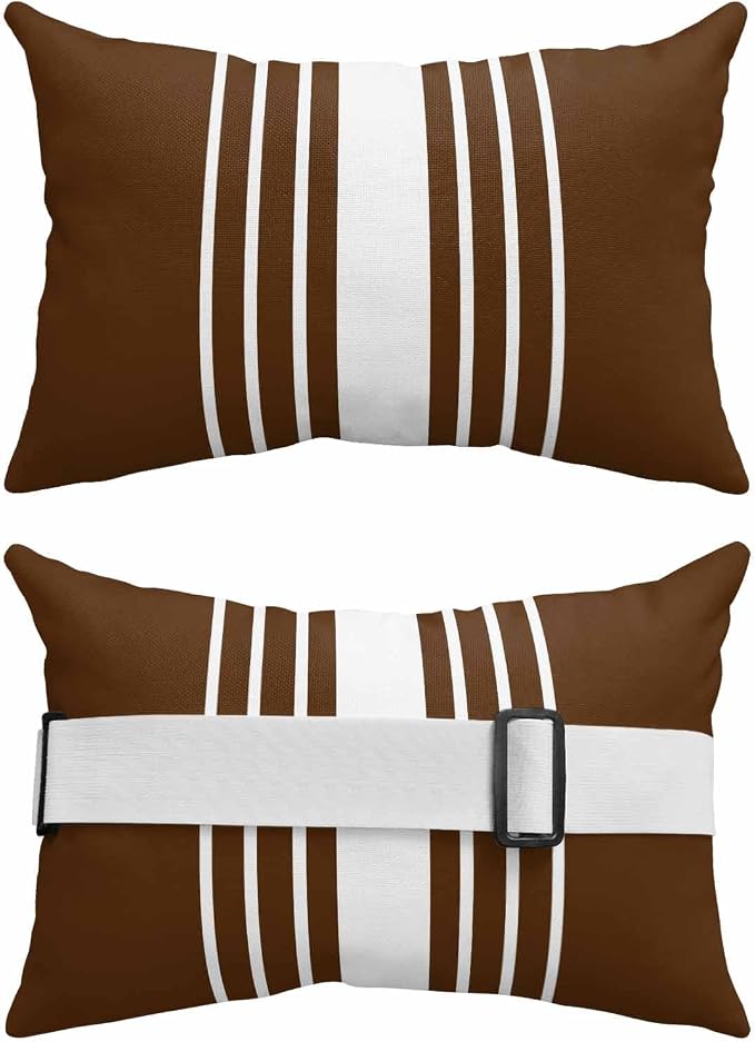 Pack of 4 Outdoor Lumbar Pillow Covers 12x20 Inch, Brown White Stripe Waterproof Throw Pillow Covers Set, Modern Rustic Vertical Striped Indoor&Outdoor Decorative Cushion Cases for Patio Porch Beach
