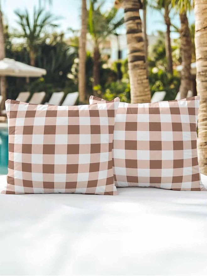 Waterproof Outdoor Pillow Set of 2 Brown Buffalo Plaid Decorative Throw Pillows Cover & Insert 16x16 Inch Pillowcase Check Lines Square Pillows for Couch Sofa Bed Patio Furniture Indoor Outdoor
