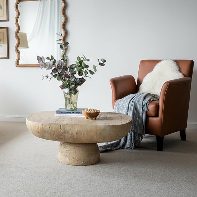 36" Faux Stone Coffee Table for Living Room Oval Coffee Table for Indoor or Outdoor, Modern Travertine Concrete Pattern Center Tables Side Tables, Magnesium Oxide, No Assembly,Cream