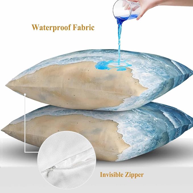 Abstract Waves Outdoor Waterproof Throw Pillow Covers Set of 2, 16"x16", Blue Ocean Spray Beach Watercolor Decorative Pillow Covers Outside Cushion Case for Patio Porch Garden