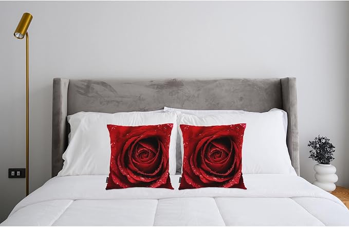 Swono Rose Pack of 2 Decorative Throw Pillow Covers Cushion Covers, Blossom Rose Water Drops Couch Pillow Case Boho Cushion Pillowcase for Bedroom Sofa Living Room 18X18 Inches, Red Rose Petals