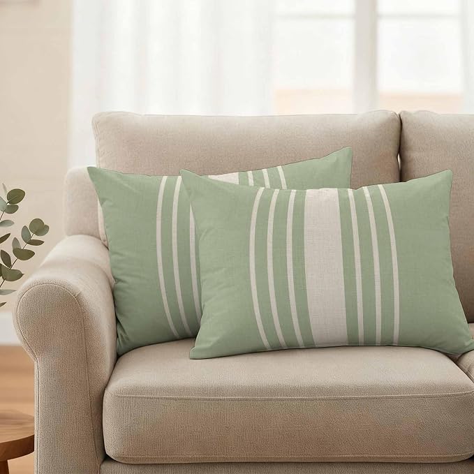 Lumbar Pillow Covers 20x12 Inch Set of 2, Sage Green Beige Striped Waterproof Outdoor Cushion Covers, Modern Farmhouse Retro Lines Decorative Pillowcases for Couch, Sofa, Bed, Garden, Patio