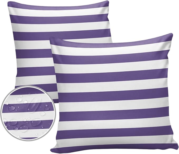 Outdoor Pillows 20x20 Waterproof Outdoor Pillow Covers Purple White Stripes Polyester Throw Pillow Covers Garden Cushion Decorative Case for Patio Couch Decoration Set of 2 Geometric