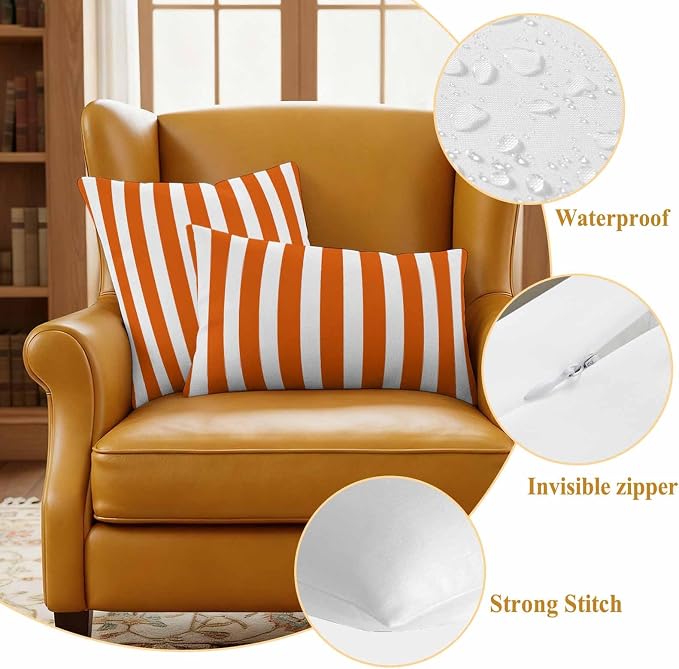 Burnt Orange Striped Outdoor Waterproof Throw Pillow Covers 20x12 Set of 2, Thanksgiving Orange White Stripes Decorative Pillowcases Cushion Pillowcase for Couch Sofa Patio Outside Pillow Protector