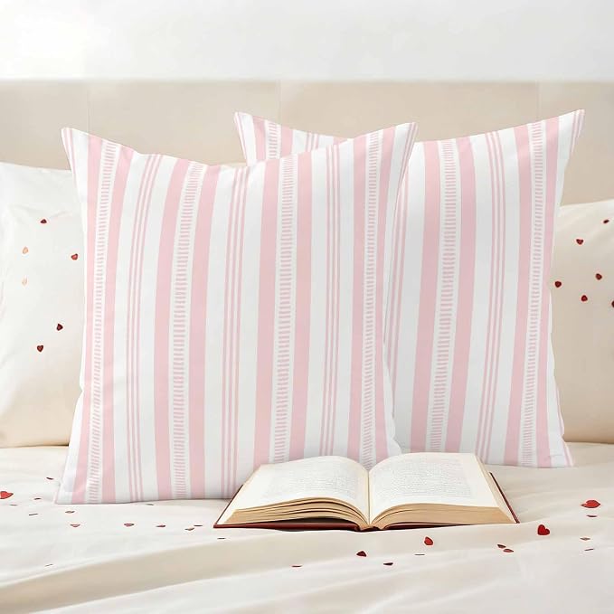 Pink Striped Outdoor Waterproof Pillow Covers, Farmhouse Stripes Modern Geometric Decorative Square Throw Pillowcase Sofa Cushion Sham for Patio/Couch/Chair, 20"x20" 2 Pack