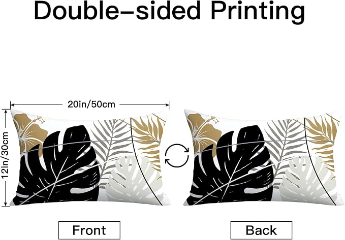 OTOSTAR Outdoor Waterproof Throw Pillow Covers 12x20 Inch Set of 2 Double-Sided Black Brown Grey Tropical Leaf and Flower Spring Summer Decorative Pillow Cases for Patio Funiture Garden Balcony Couch