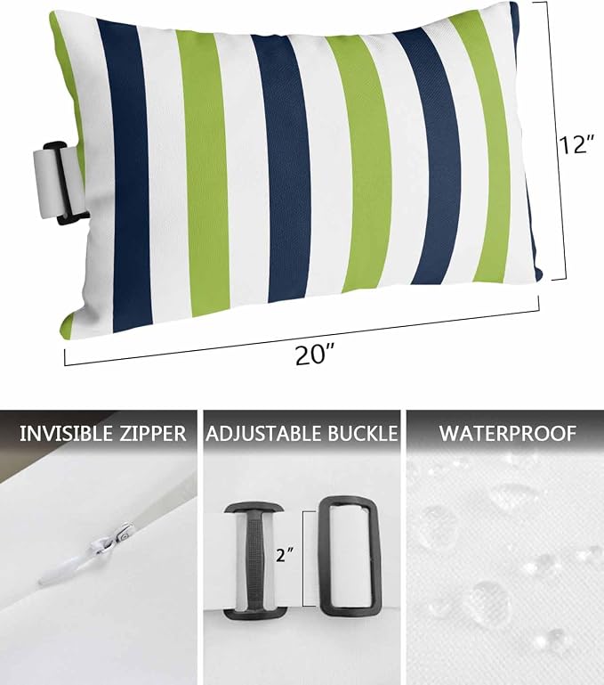 Pack of 2 Outdoor Lumbar Pillow Covers 12x20 Inch, Green Navy Blue Striped Waterproof Throw Pillow Covers Set, Farmhouse Stripe Art Indoor&Outdoor Decorative Cushion Cases for Patio Porch Beach