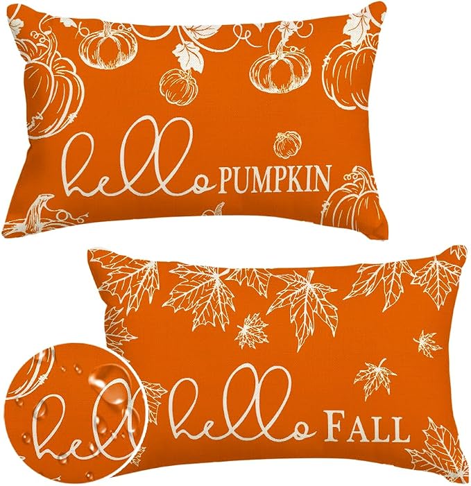 RABUSOFA Fall Pillow Covers 12x20 Inch Set of 2 Thanksgiving Autumn Orange Hello Pumpkin Maple Leaf Lumbar Harvest Outdoor Throw Cushion Cases Seasonal Fall Farmhouse Decorations for Home Couch Patio