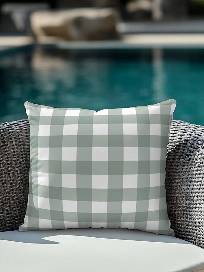 Waterproof Outdoor Pillow 1 Pack Sage Green Buffalo Plaid Decorative Throw Pillows Cover & Insert 16x16 Inch Pillowcase Check Lines Square Pillows for Couch Sofa Bed Patio Furniture Indoor Outdoor