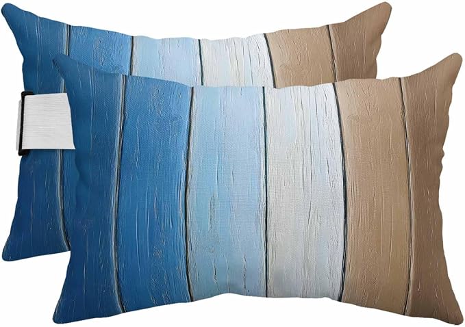 Blue Brown Outdoor Pillows for Chaise Lounge Chair Beach Headrest Pillow Set of 2 Waterproof Lumbar Pillows with InsertGradient Wood Grain Farmhouse Country Recliner Neck Pillow for Patio Pool 12"x20"